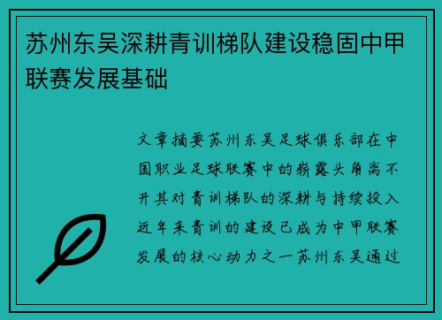 苏州东吴深耕青训梯队建设稳固中甲联赛发展基础