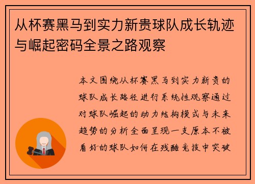 从杯赛黑马到实力新贵球队成长轨迹与崛起密码全景之路观察